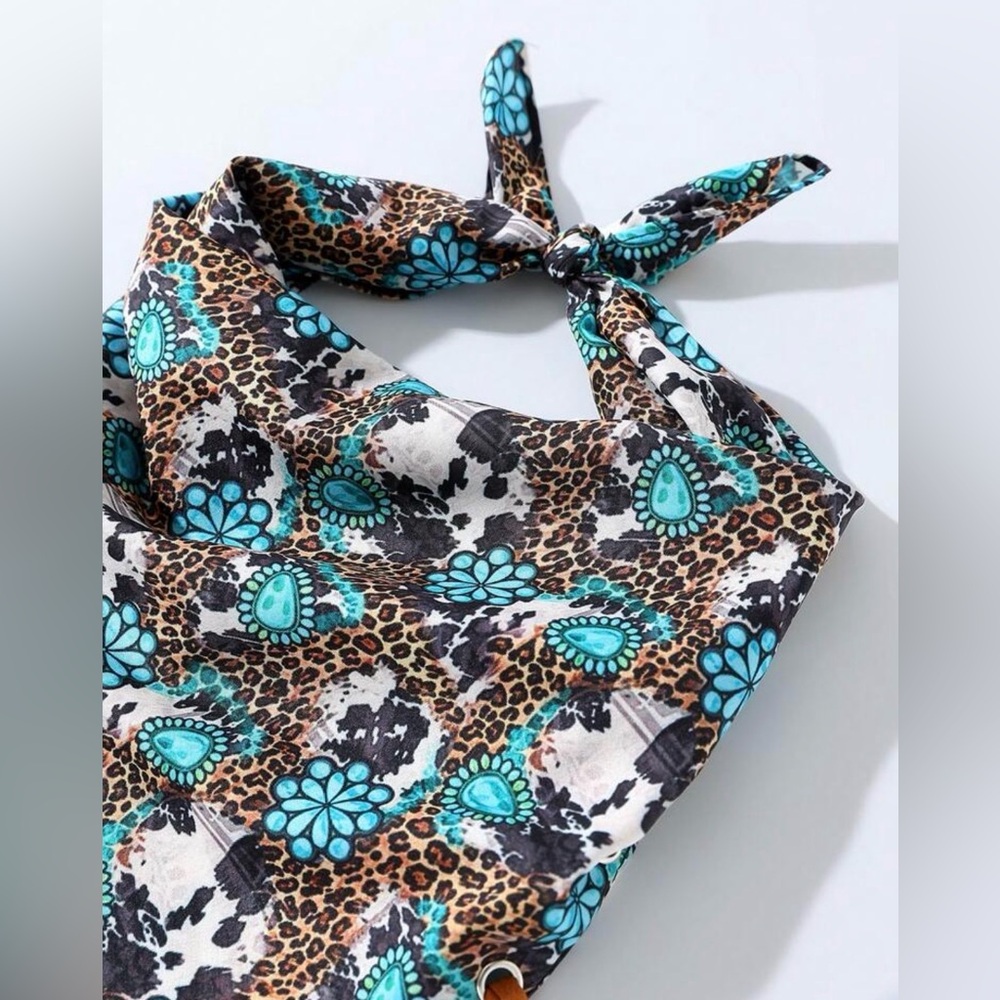 Western Bandana Scarf Turquoise Floral Fringe Bandana Scarf Cowgirl Bandana - Picture 6 of 7